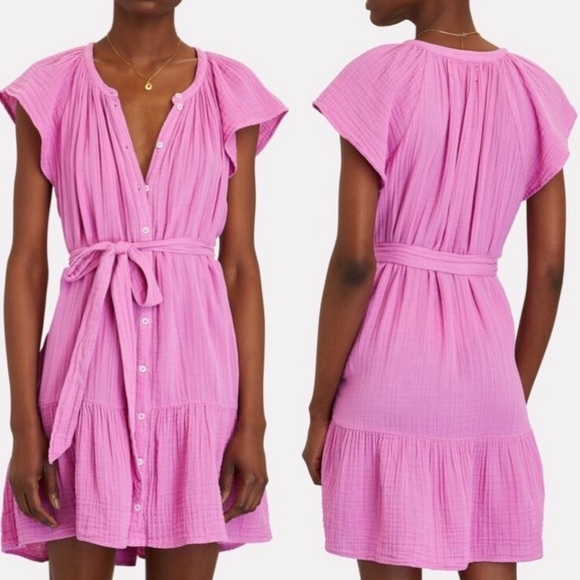 XiRENA Dresses & Skirts - Xirena Jude Pink Button Front Flutter Sleeve Belted Cotton Mini Dress Size M